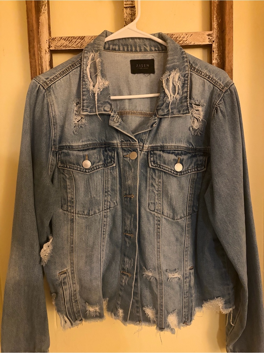 Women’s Light Blue Distressed Denim Jacket by Risen *fits like a large